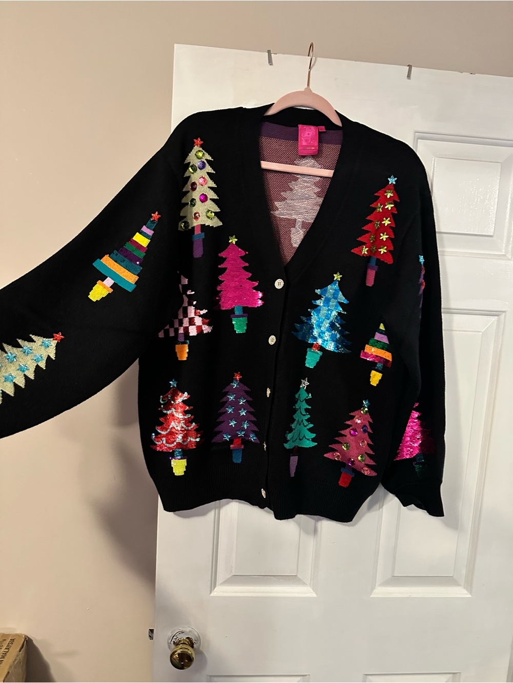 QUEEN OF SPARKLES Black Festive Tree Embellished Cardigan - Picture 6 of 7